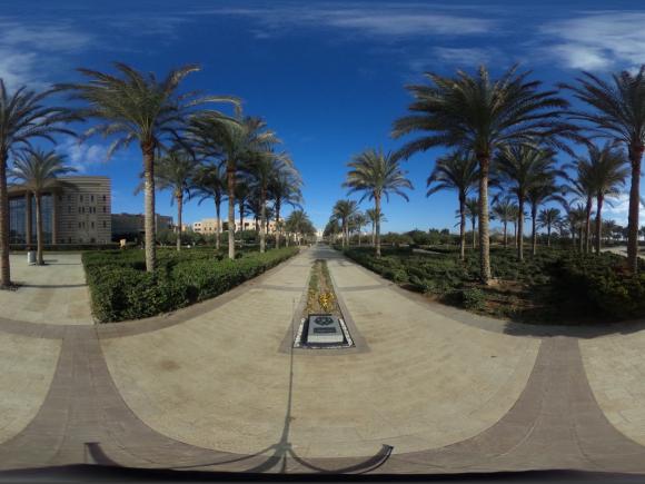 The corridor in front of the ϲͼ portal with fountain and palms